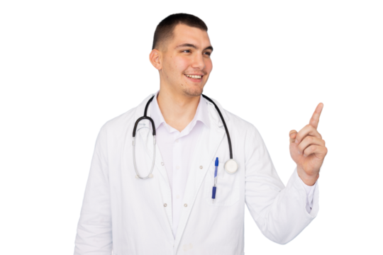 Medical professional in white coat and stethoscope gesturing toward right side, pointing with index finger against transparent backdrop