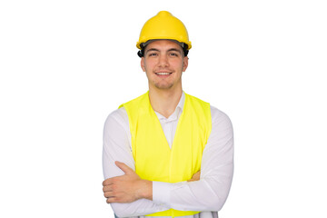 Confident engineer standing with crossed arms, wearing hardhat and safety vest, isolated on...