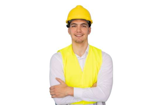 Confident engineer standing with crossed arms, wearing hardhat and safety vest, isolated on transparent background