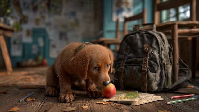 Adorable Puppy with Backpack in Rustic Classroom Setting
