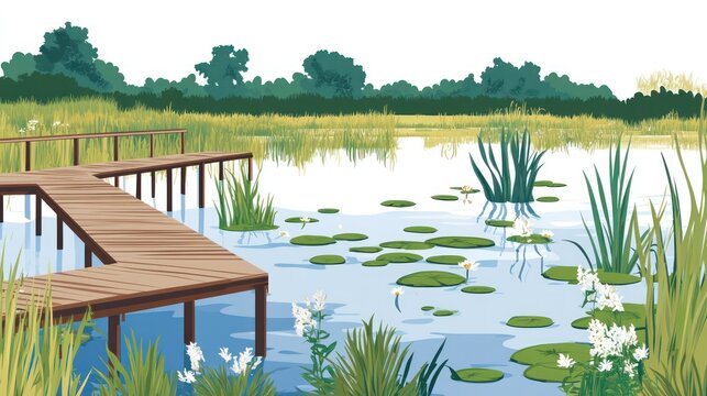 Serene pond scene with wooden dock, lily pads, and lush greenery in a tranquil view