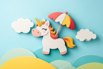 flashcard with letter U, unicorn with umbrella, magical kids card