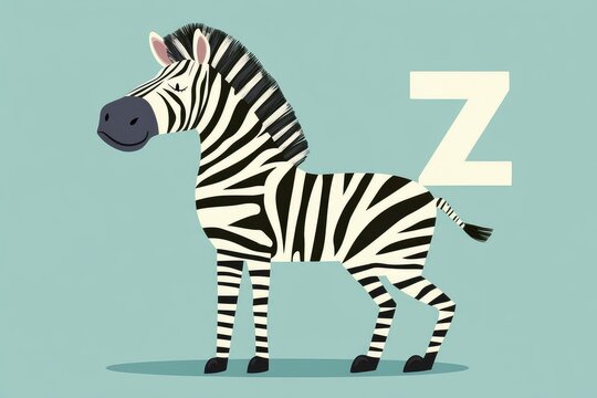 flashcard with letter Z, zippy zebra, flat vector card for alphabet learning