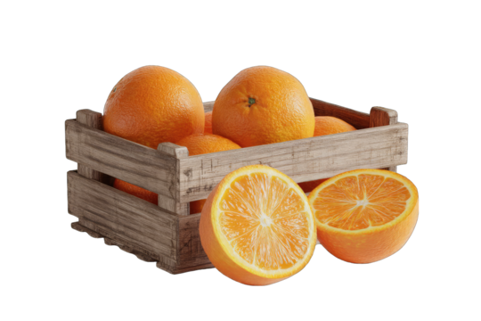 Wooden crate filled with oranges, including a sliced orange