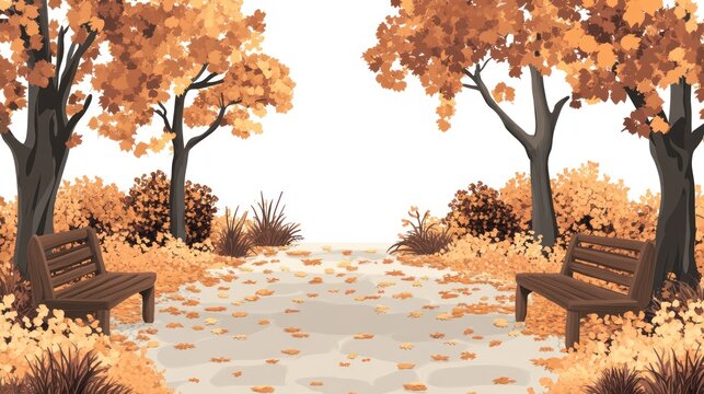 Autumn park view. Pathway, benches, falling leaves, trees with brown foliage, bushy shrubs