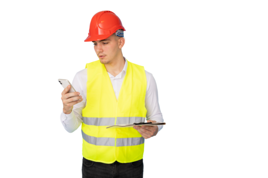 Young construction worker checking smartphone, wearing hard hat, safety vest, holding clipboard against white background