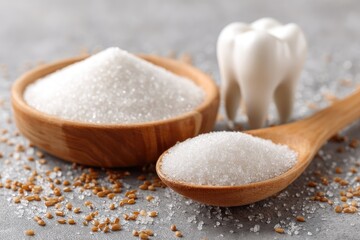 Sugar crystals in wooden bowl and spoon, next to a model tooth
