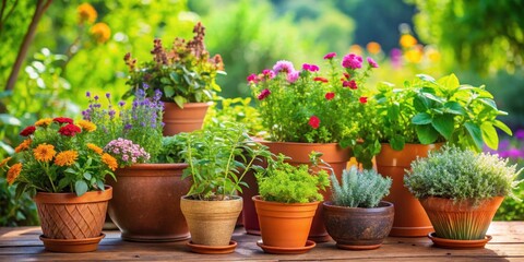 Colorful herb garden in terracotta pots under natural light with lush greenery and vibrant flowers , plants, terracotta