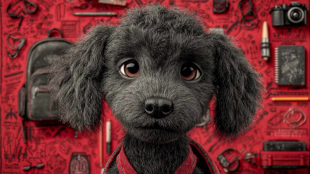 Adorable Black Poodle Puppy with Red Background and School Supplies