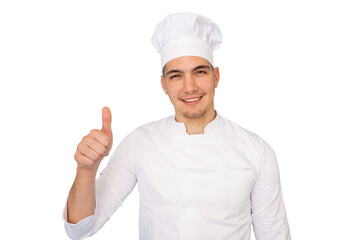 Young chef giving a thumbs up gesture, showcasing approval and confidence, isolated on a transparent background