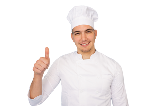 Young chef giving a thumbs up gesture, showcasing approval and confidence, isolated on a transparent background