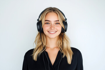 Friendly young female customer service representative with blonde hair, smiling with headphones on, conveying helpfulness and communication