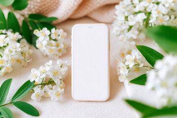 Minimalist blank phone mockup with white floral arrangement