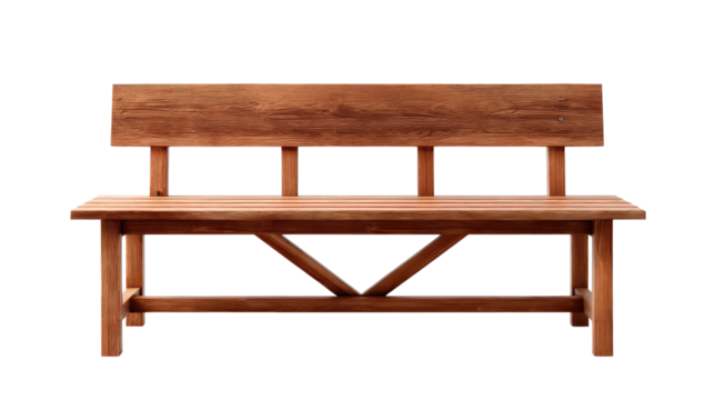 Wooden Bench: An inviting wooden bench stands solitary. It's meticulously crafted with attention to detail and a natural aesthetic, symbolizing rest, contemplation and connection.