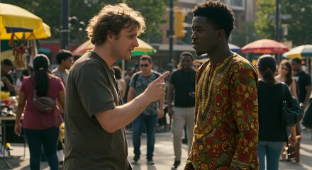Ignorant Person Mocking Someone’s Accent or Cultural Dress in a Diverse Urban Setting