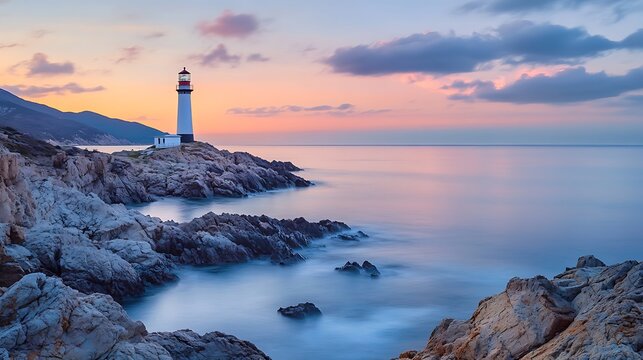 Lighthouse standing on rocky coast at sunset view