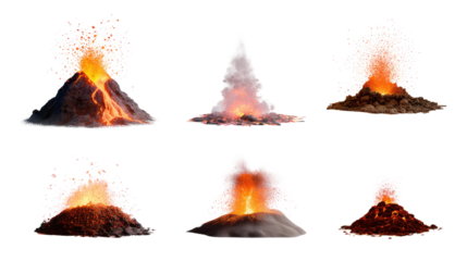 Volcanic Eruption Series: A collection of images showcasing different stages of a volcanic eruption, from initial spewing to the full force of nature's fiery power.