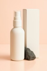 Minimalist white cosmetic spray bottle with packaging box and stone