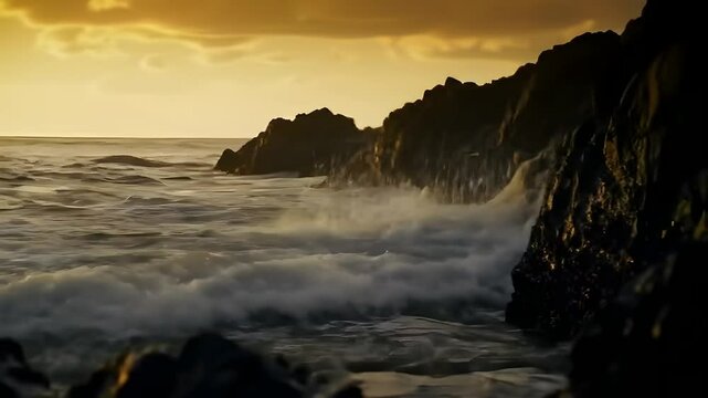 Golden Sunset Over Ocean Waves Crashing Against Rocky Coastline