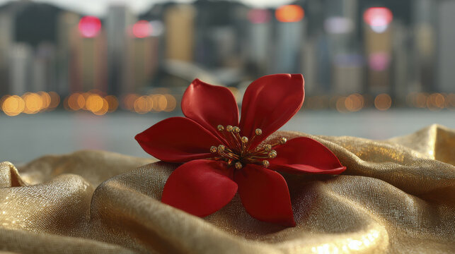 Close-up of a red bauhinia brooch on silk, golden light on petals, festive city backdrop - celebrating Hong Kong's establishment day with elegance.