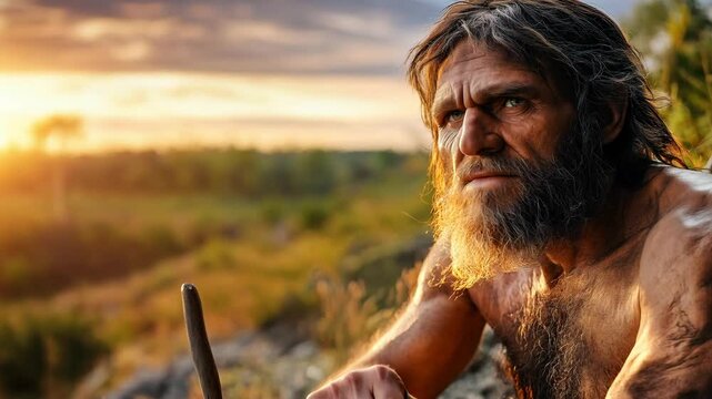 A detailed portrayal of an early human figure reflecting thoughtfully while surrounded by the natural landscape at sunset