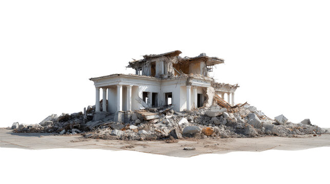 Ruined Mansion: A haunting depiction of a once-grand mansion, now reduced to rubble, conveying the passage of time, loss, and the remnants of history.