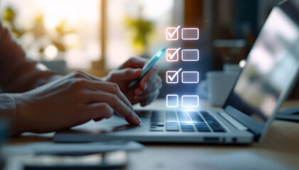 Digital Marketing and Online Assessment, Laptop with Glowing Checklist and Data, Business Productivity & Technology
