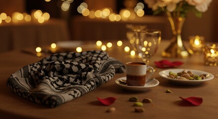 Fototapeta premium A romantic and enchanting table setting with glowing candles, scattered red rose petals, and decorative beads for a special occasion.