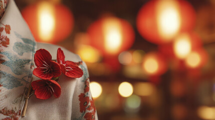 Red bauhinia floral pin adorning silk fabric under warm light, soft-focus metropolis backdrop with glowing lanterns conveying regional pride