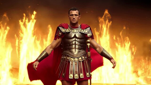 Powerful imagery of a roman general standing defiantly before a raging inferno, his red cape billowing in the heat as he faces the flames with unwavering resolve