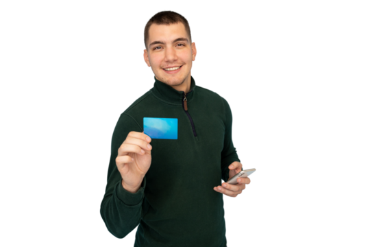 Young man making online payment using credit card and smartphone app, isolated on transparent background