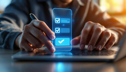 Digital Marketing and Online Assessment, Laptop with Glowing Checklist and Data, Business Productivity & Technology