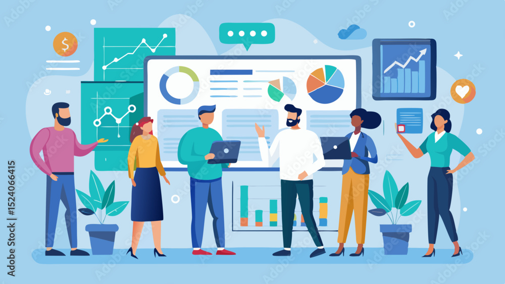 Poster business team analyzing data with charts and graphs on screen
