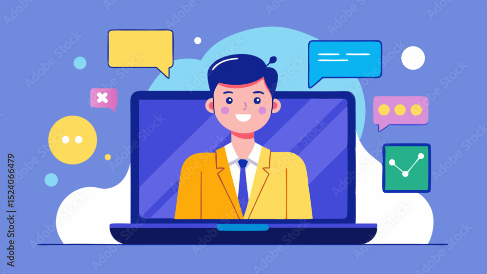 Poster man in laptop with speech bubbles and shapes around it