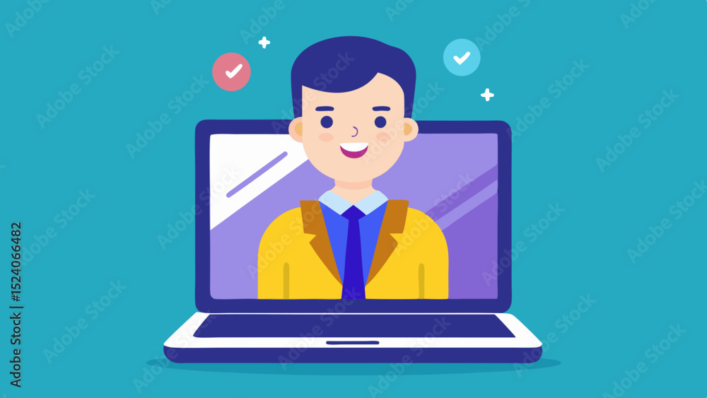 Poster man in laptop screen with check marks on blue background