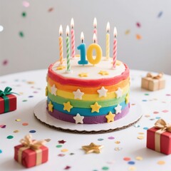A rainbow cake with candles and gifts