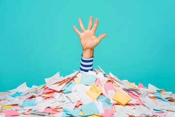 A hand reaching out from a massive pile of paperwork and documents, symbolizing workplace stress, overload.