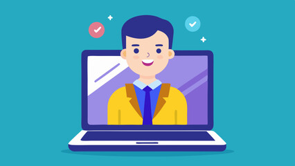 Man in laptop screen with check marks on blue background