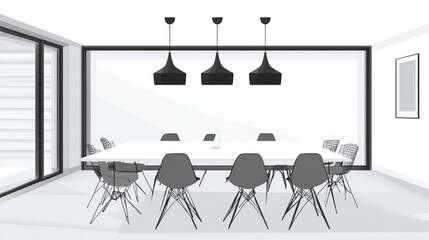 Bright, minimalist boardroom with white table, gray chairs, and hanging lamps