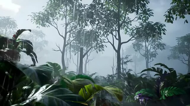 Loopable Rainy Jungle Forest Background with Falling Drops and Misty Trees