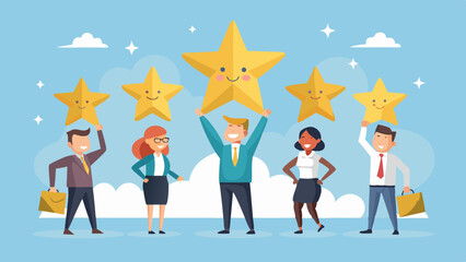 Team celebrating success with star rating illustration
