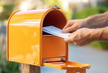 Post man delivering letters into the mail on a sunny day  delivery service