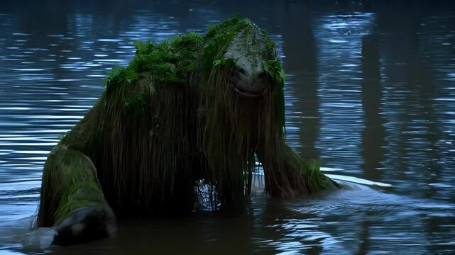 Mysterious kappa creature, covered in algae and moss, slowly emerges from dark lake water at dusk, creating ripples and disturbing the tranquility of the scene