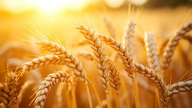 Golden wheat stalks sunset field