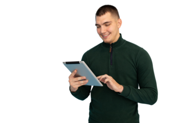 Male professional smiling during digital tablet browsing, transparent background highlighting contemporary workspace interaction