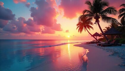 A tranquil sunrise paints the sky vibrant hues over a luxurious beachfront resort, palm trees swaying gently in the warm breeze Perfect for travel, vacation, and relaxation themes , colors, warm