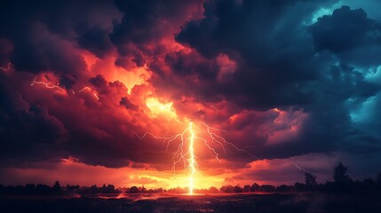 Dramatic lightning strike illuminates landscape beneath dark and ominous clouds with vivid red and blue hues displaying natures power