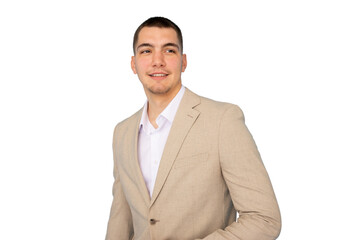 Confident young businessman walking and smiling, isolated on transparent background, ideal for image compositing