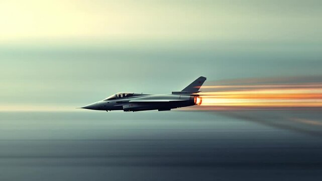 Captivating aerial shot of a fighter jet speeding with blazing fire, expressing power