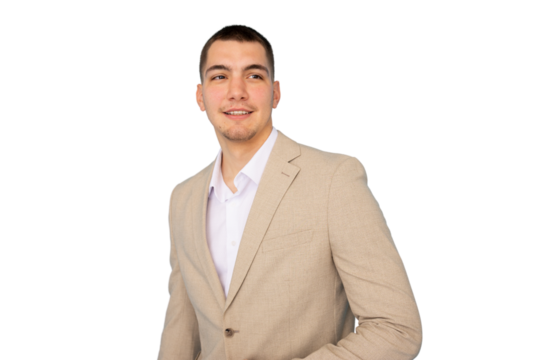 Confident young businessman walking and smiling, isolated on transparent background, ideal for image compositing